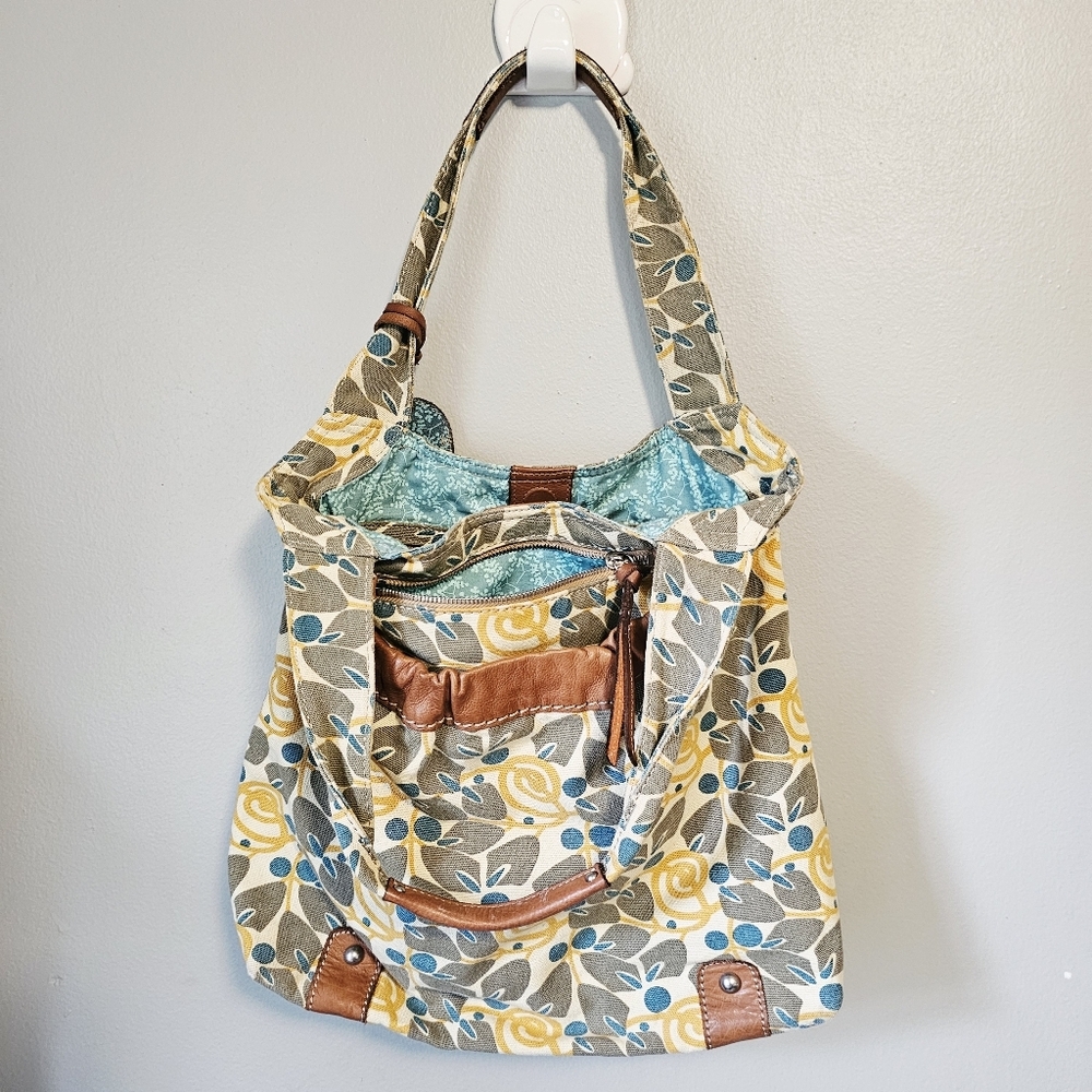 Fossil canvas Floral Patterned Tote Bag with Yellow and Blue Accents - Picture 9 of 11